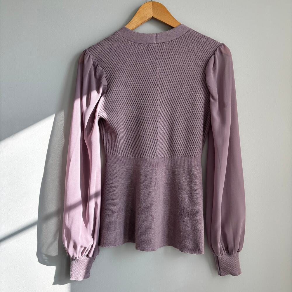 89th & Madison Lavender V Neck Cardigan Balloon Sheer Sleeves Peplum Flare Small - Picture 3 of 7